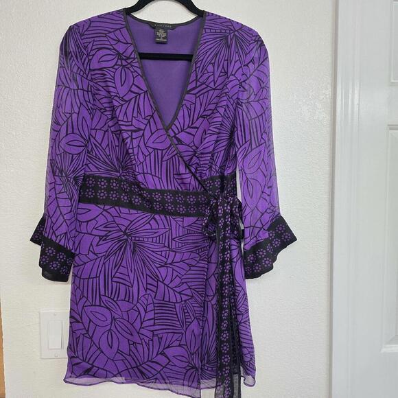Silkland Women's 100% Silk Mini Wrap Dress  Purple Black Size M Lightweight - Picture 1 of 9